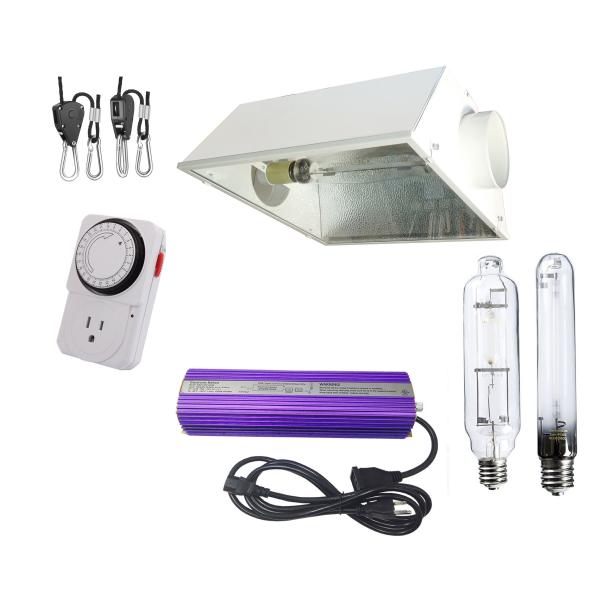 1000 w 6 in Air Cool Hood Grow Light Kit. Includes HPS, MH, Timer, Hanger, Reflector, Ballast
